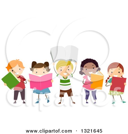 Clipart of a Line of Happy Children Reading and Holding up Books - Royalty Free Vector Illustration by BNP Design Studio