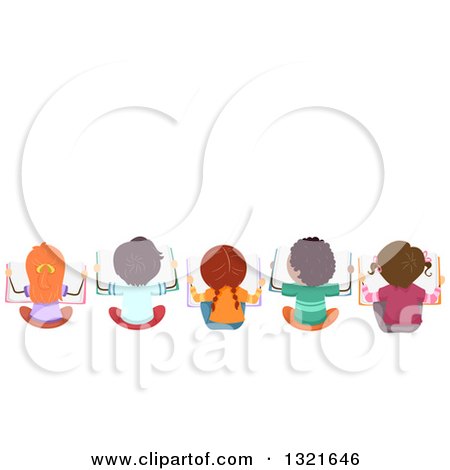 Clipart of a Rear Aerial View of a Line of Children Sitting on the Floor and Reading Books, with Text Space Above - Royalty Free Vector Illustration by BNP Design Studio