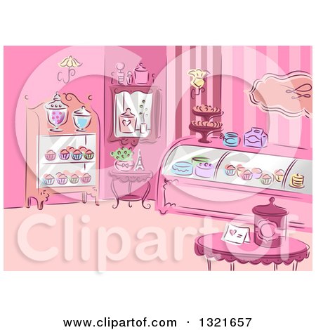 Clipart of a Sketched Pink Patisserie Interior with Cupcakes - Royalty Free Vector Illustration by BNP Design Studio