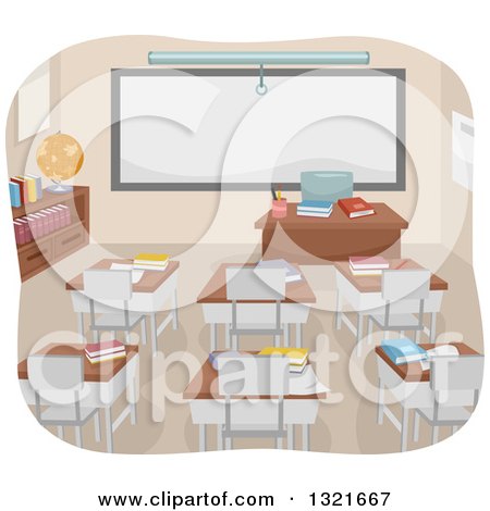 Clipart of an Empty College Classroom Interior with Books on Desks and a Blank White Board - Royalty Free Vector Illustration by BNP Design Studio