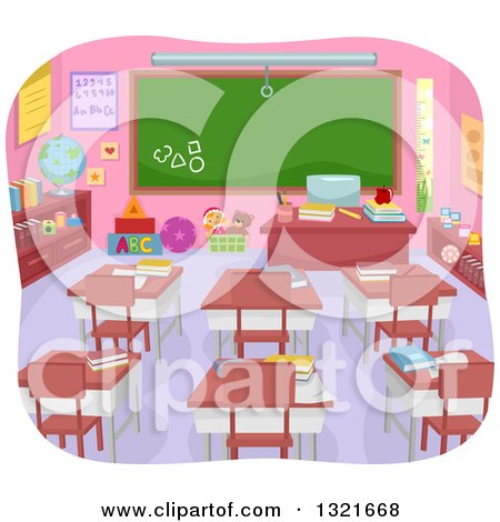 Clipart of an Empty Preschool Class Room Interior with Books on Desks and a Blank Chalk Board - Royalty Free Vector Illustration by BNP Design Studio
