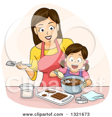 Clipart of a Happy Brunette White Mother Making Chocolate with Her Daughter - Royalty Free Vector Illustration by BNP Design Studio