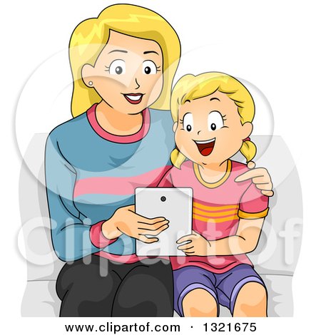 Clipart of a Happy Blond White Mother Teaching Her Daughter How to Use a Tablet Computer - Royalty Free Vector Illustration by BNP Design Studio