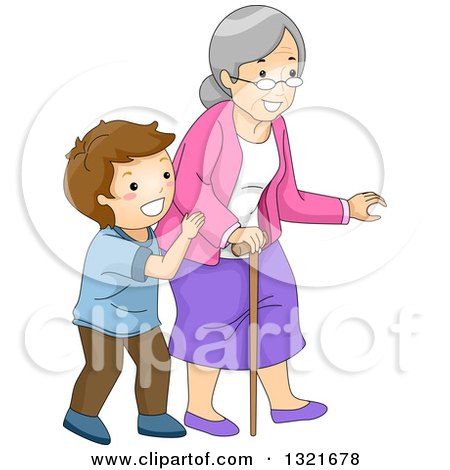 Clipart of a Helpful Brunette White Boy Helping His Granny Cross a Street - Royalty Free Vector Illustration by BNP Design Studio