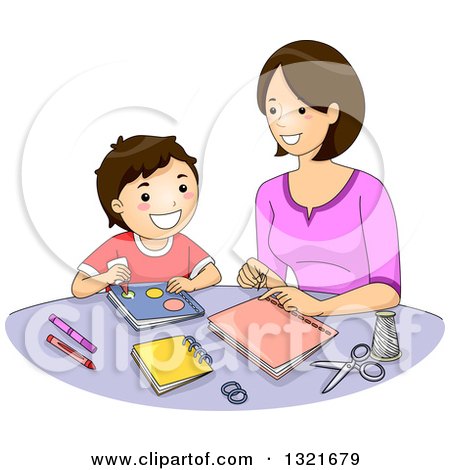 Clipart of a Happy Brunette White Mother and Son Making a Scrapbook - Royalty Free Vector Illustration by BNP Design Studio