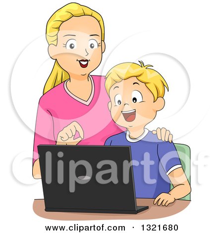 Clipart of a Happy Blond White Mother Teaching Her Son How to Use a Laptop Computer - Royalty Free Vector Illustration by BNP Design Studio
