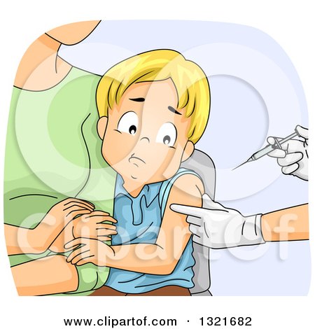 Clipart of a Nervous Blond White Boy Clinging to His Mother While Getting a Vaccine Shot - Royalty Free Vector Illustration by BNP Design Studio