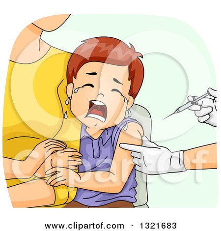 Clipart of a Scared Brunette White Boy Clinging to His Mother While Getting a Vaccine Shot - Royalty Free Vector Illustration by BNP Design Studio