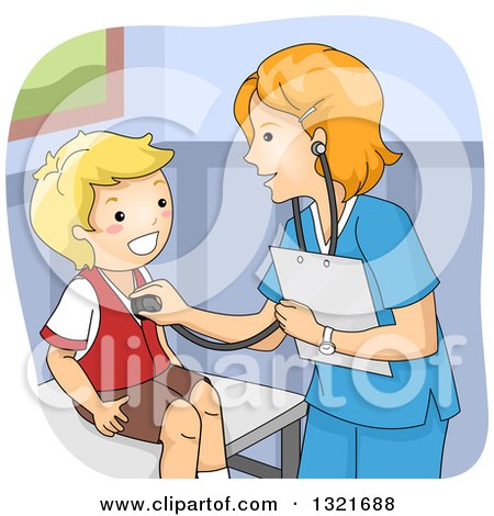 Clipart of a Friendly White Female Doctor Giving a Happy Boy a Medical Check up - Royalty Free Vector Illustration by BNP Design Studio