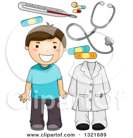 Clipart of a Happy Brunette White Boy with Doctor Accessories - Royalty Free Vector Illustration by BNP Design Studio