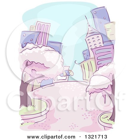 Clipart of a Sketched Purple and Green City with Cherry Blossom Trees - Royalty Free Vector Illustration by BNP Design Studio