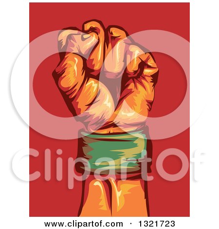 Clipart of a Clenched Fist Wearing a Green Wrist Band over Red - Royalty Free Vector Illustration by BNP Design Studio