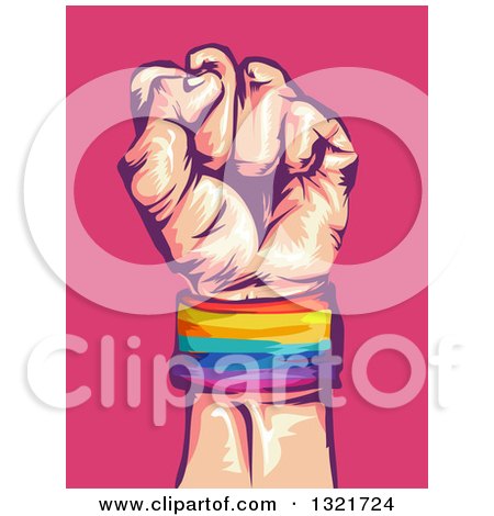 Clipart of a Clenched Fist Wearing a LGBT Wrist Band over Pink - Royalty Free Vector Illustration by BNP Design Studio