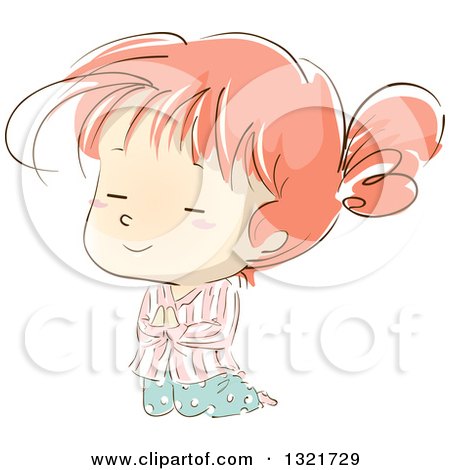 Clipart of a Sketched Red Haired White Girl Kneeling and Praying in Pajamas - Royalty Free Vector Illustration by BNP Design Studio