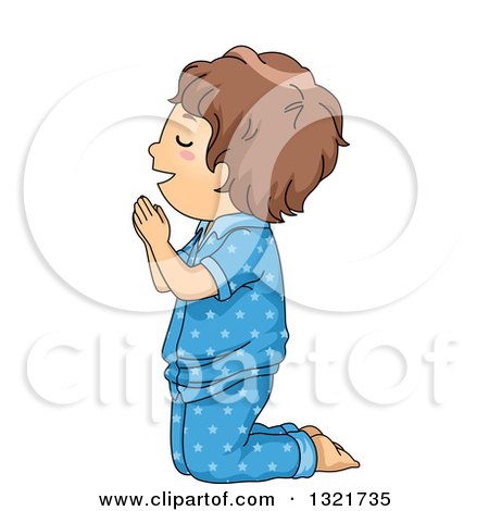 Clipart of a Brunette White Boy Kneeling and Praying in Pajamas - Royalty Free Vector Illustration by BNP Design Studio
