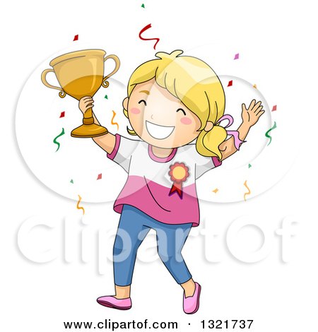 Clipart of a Blond White Girl Cheering and Holding up a Trophy - Royalty Free Vector Illustration by BNP Design Studio
