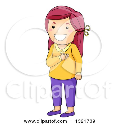 Clipart of a Happy Red Haired White Girl Reciting the Anthem with Her Hand on Her Chest - Royalty Free Vector Illustration by BNP Design Studio