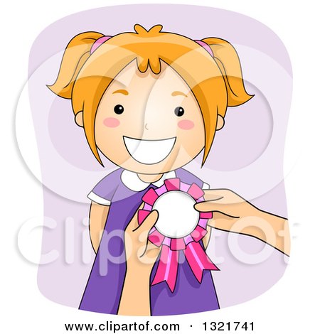 Clipart of a Happy Red Haired White Girl Receiving a Ribbon - Royalty Free Vector Illustration by BNP Design Studio