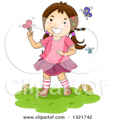 Clipart of a Brunette White Girl Playing with Spring Butterflies - Royalty Free Vector Illustration by BNP Design Studio
