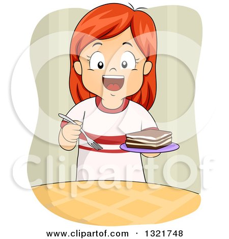 Clipart of a Happy Red Haired White Girl Holding Tiramisu on a Plate - Royalty Free Vector Illustration by BNP Design Studio