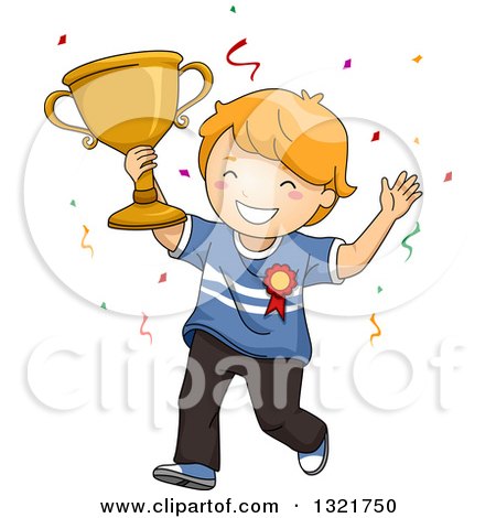 Clipart of a Happy Red Haired White Boy Cheering and Holding up a Trophy - Royalty Free Vector Illustration by BNP Design Studio