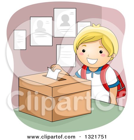 Clipart of a Happy Blond White Boy Dropping a School Election Ballot in a Box - Royalty Free Vector Illustration by BNP Design Studio