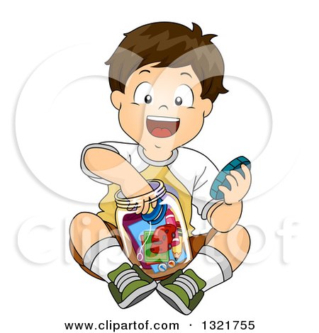Clipart of a Happy Brunette White Boy Putting Items in a Time Capsule Jar - Royalty Free Vector Illustration by BNP Design Studio