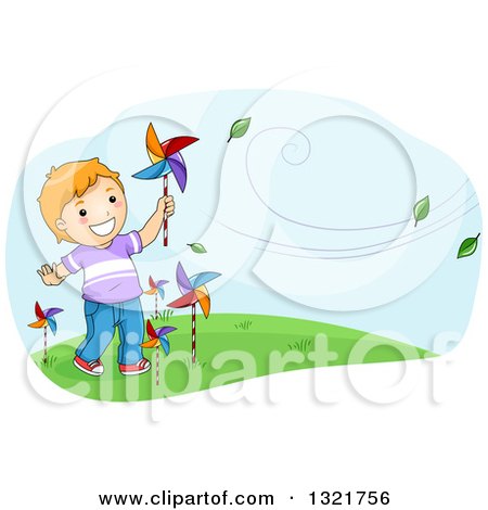 Clipart of a Happy Red Haired White Boy Plaing with Pinwheels in the Breeze - Royalty Free Vector Illustration by BNP Design Studio