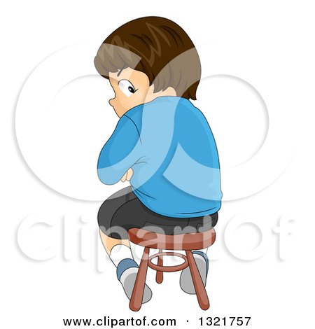 Clipart of a Mad Brunette White Boy Sitting on a Stool and Looking Back - Royalty Free Vector Illustration by BNP Design Studio
