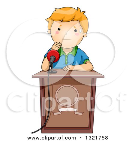 Clipart of a Nervous Red Haired White School Boy Sweating at a Podium, About to Give a Public Speech - Royalty Free Vector Illustration by BNP Design Studio