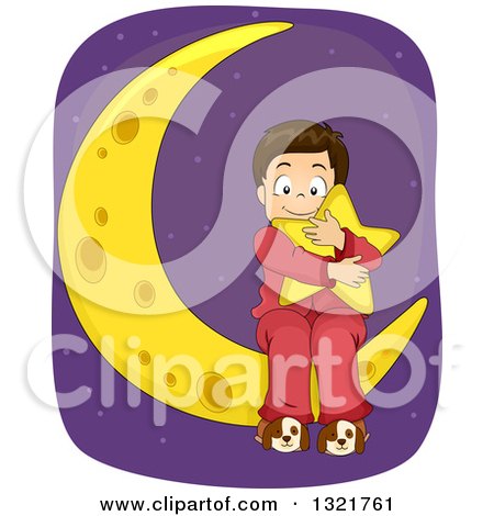 Clipart of a Happy Brunette White Boy Hugging a Star Pillow on a Crescent Moon - Royalty Free Vector Illustration by BNP Design Studio