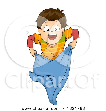 Clipart of a Happy Brunette White Boy During a Sack Race - Royalty Free Vector Illustration by BNP Design Studio