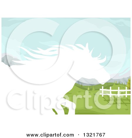 Clipart of a White Silhouetted Running Horse in a Pasture - Royalty Free Vector Illustration by BNP Design Studio