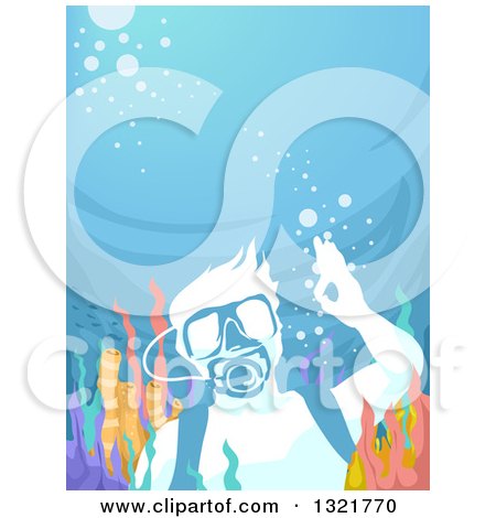 Clipart of a Scuba Man Gesturing Ok Underwater at a Reef - Royalty Free Vector Illustration by BNP Design Studio