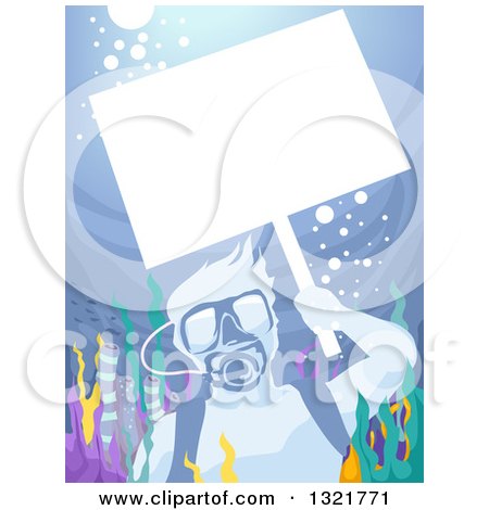 Clipart of a Scuba Man Holding up a Blank Sign Underwater at a Reef - Royalty Free Vector Illustration by BNP Design Studio
