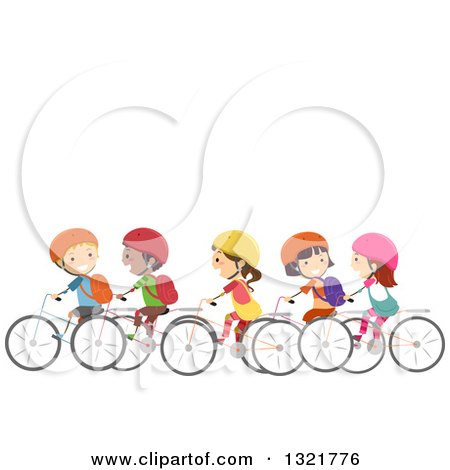 Clipart of a Line of Happy Children Riding Bicycles Together, Under Text Space - Royalty Free Vector Illustration by BNP Design Studio