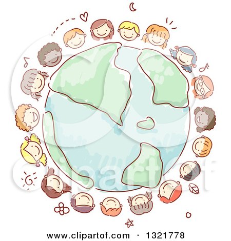 Clipart of a Sketched Circle of Happy Kid Faces Around Planet Earth - Royalty Free Vector Illustration by BNP Design Studio