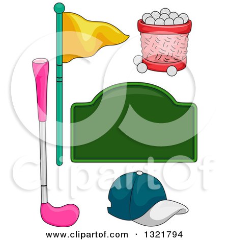 Clipart of a Blank Green Sign, Basket of Golf Balls, Flags, Club and Hat - Royalty Free Vector Illustration by BNP Design Studio