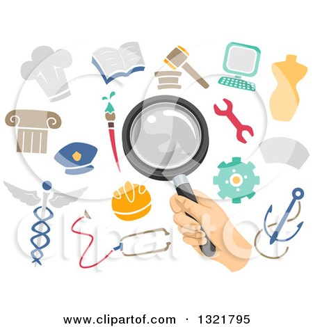 Clipart of a Hand Holding a Magnifying Glass over Academic Icons - Royalty Free Vector Illustration by BNP Design Studio