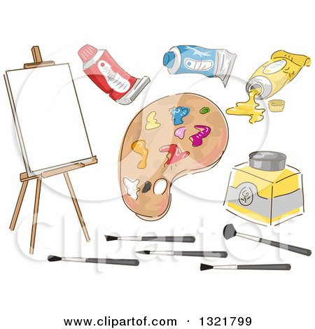 Clipart of a Sketched Easel and Art Painting Supplies - Royalty Free Vector Illustration by BNP Design Studio
