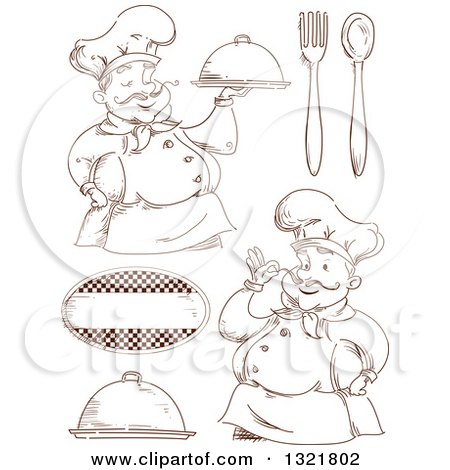 Clipart of Sketched Male Chefs and Accessories - Royalty Free Vector Illustration by BNP Design Studio