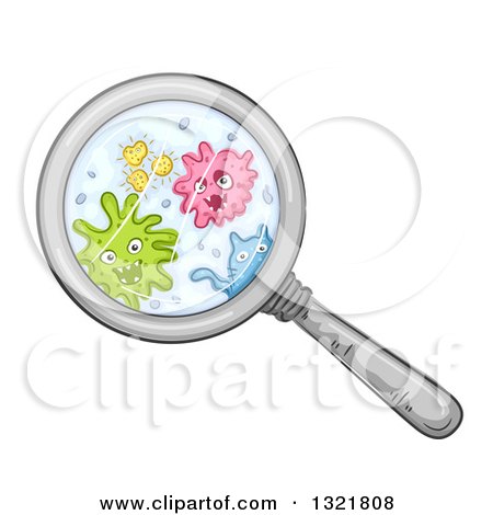 Clipart of a Magnifying Glass over Colorful Germs - Royalty Free Vector Illustration by BNP Design Studio