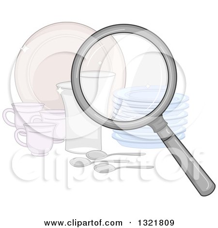 Clipart of a Magnifying Glass Inspecting Clean Dishes - Royalty Free Vector Illustration by BNP Design Studio