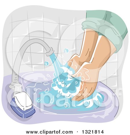 Clipart of a Person Washing Their Hands in a Purple Sink - Royalty Free Vector Illustration by BNP Design Studio