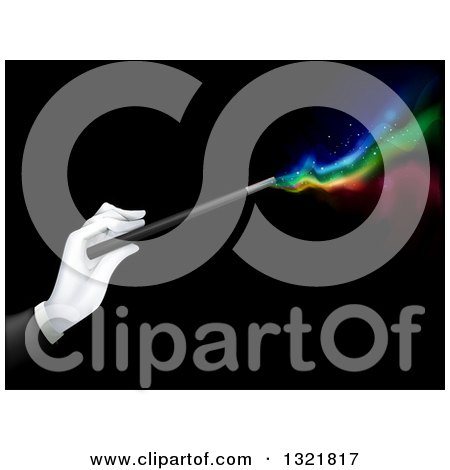 Clipart of a Gloved Hand Holding a Magic Wand with Colorful Lights on Black - Royalty Free Vector Illustration by BNP Design Studio