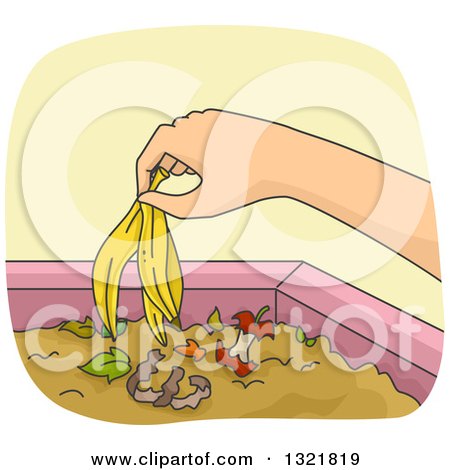 Clipart of a Hand Dropping a Banana Peel into a Compost Bin - Royalty Free Vector Illustration by BNP Design Studio