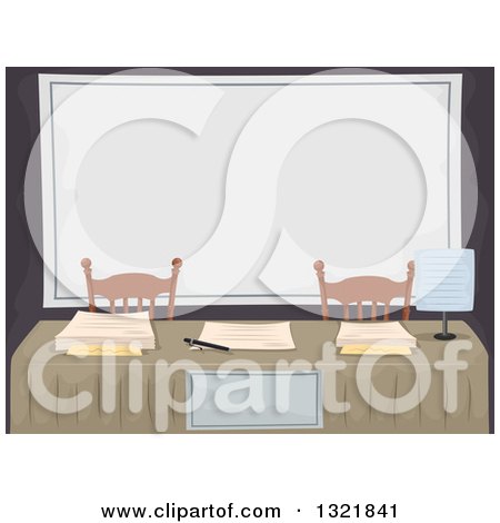 Clipart of a Recruitement Table with Chairs and a Blank Sign - Royalty Free Vector Illustration by BNP Design Studio