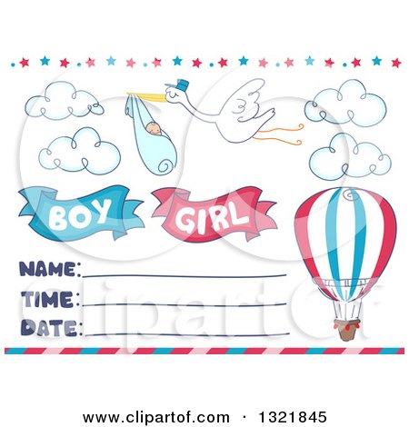 Clipart of a Stork Flying a Baby with a Hot Air Balloon on a Gender Reveal Invitation - Royalty Free Vector Illustration by BNP Design Studio