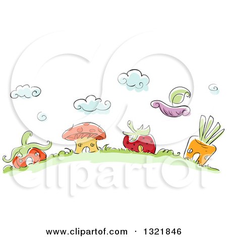 Clipart of a Hill with Sketched Vegetable and Fruit Shaped Houses - Royalty Free Vector Illustration by BNP Design Studio