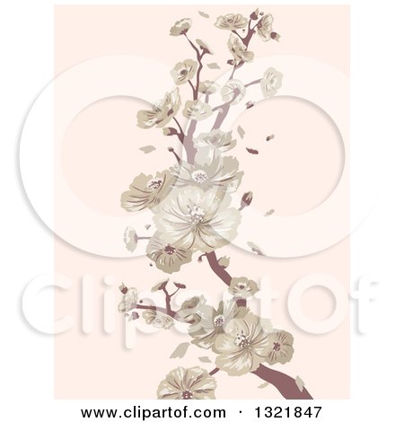 Clipart of a Vintage Cherry Blossom Branch on Pastel Pink - Royalty Free Vector Illustration by BNP Design Studio